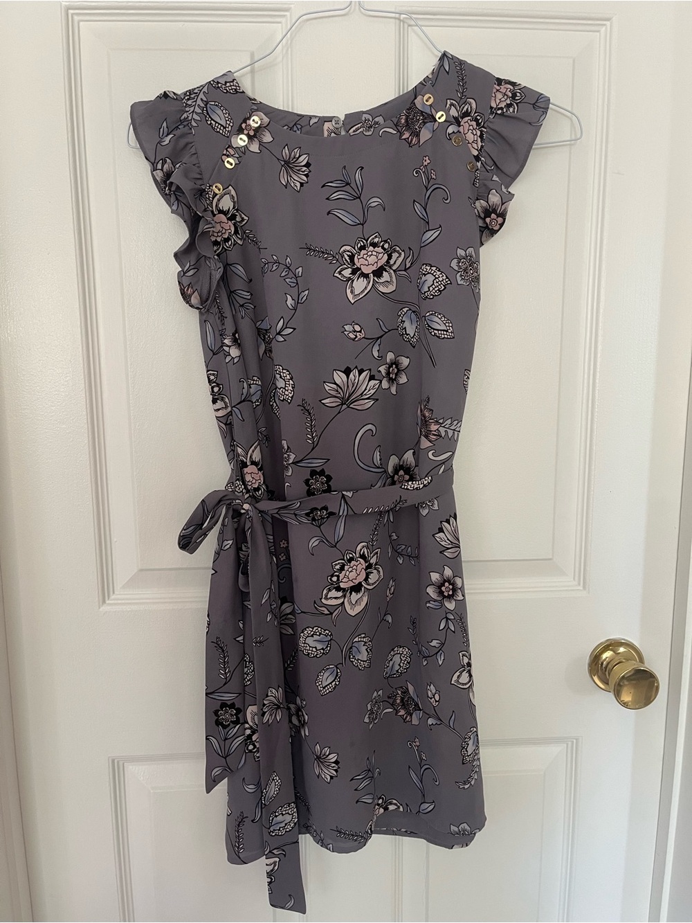 LOFT Petites XS Floral Ruffle Sleeve Belted Dress in Dusty Purple